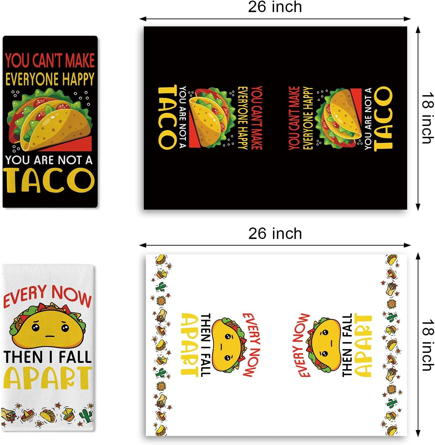 Funny Taco Kitchen Dish Towels Set of 2, Mexican Food You Can't Make Everyone Happy Drying Hand Towel Baking Cooking Cloth, Black Restaurant Dining Room Home Decor Taco Lover Gifts 18'' x 26''