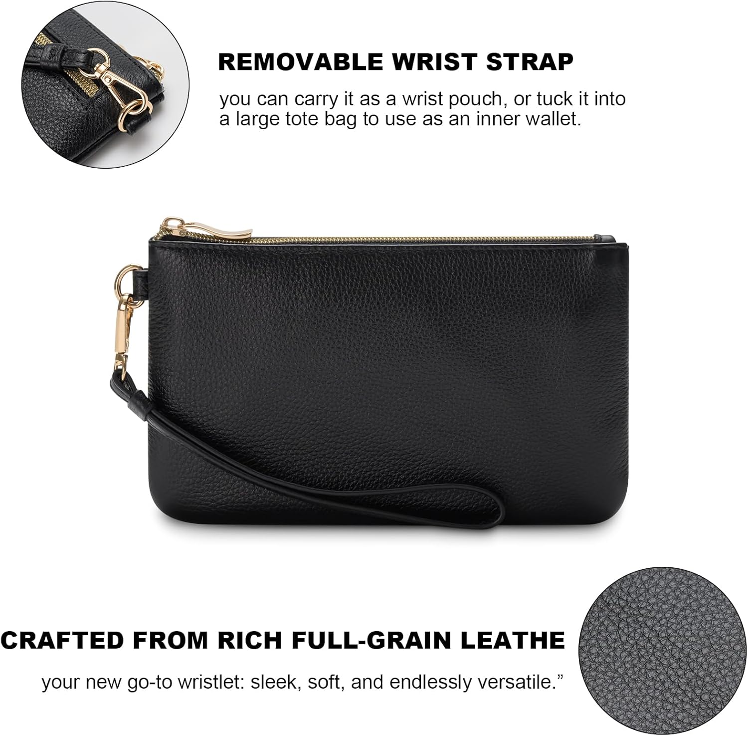 Genuine Leather Wristlet Purse for Women, Slim Clutch Wallet with Detachable Wrist Strap, Mini Handbag