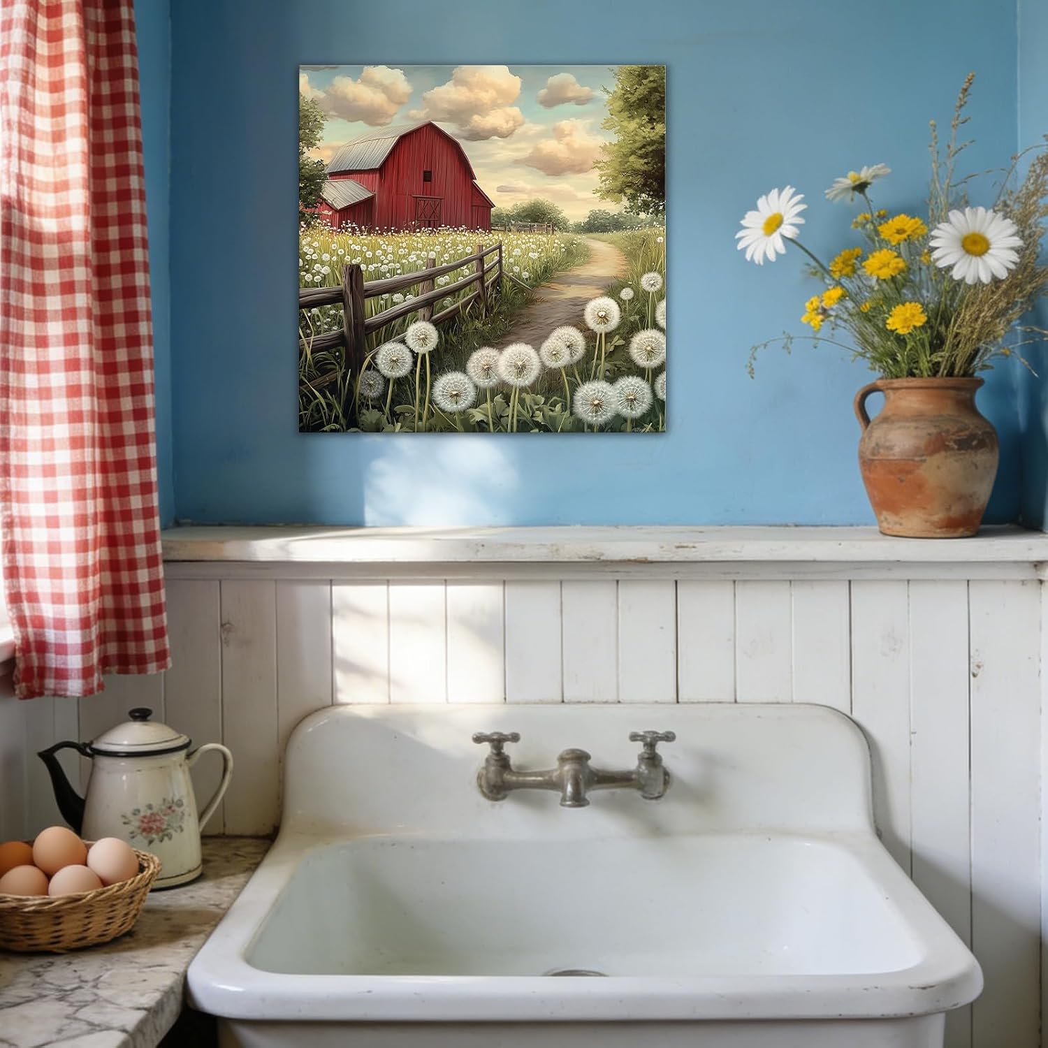 Rustic Farmhouse Canvas Wall Art Red Barn Pictures Print Country Nature Landscape Posters Prints Dandelion Field Paintings for Living Bedroom Framed(Artwork-2,12"x12")