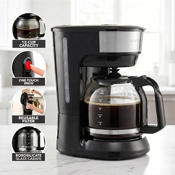 OVENTE 12-Cup Drip Coffee Maker with Easy On/Off Switch, Black CM412B
