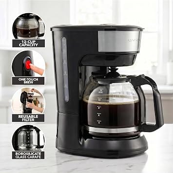 OVENTE 12-Cup Drip Coffee Maker with Easy On/Off Switch, Black CM412B