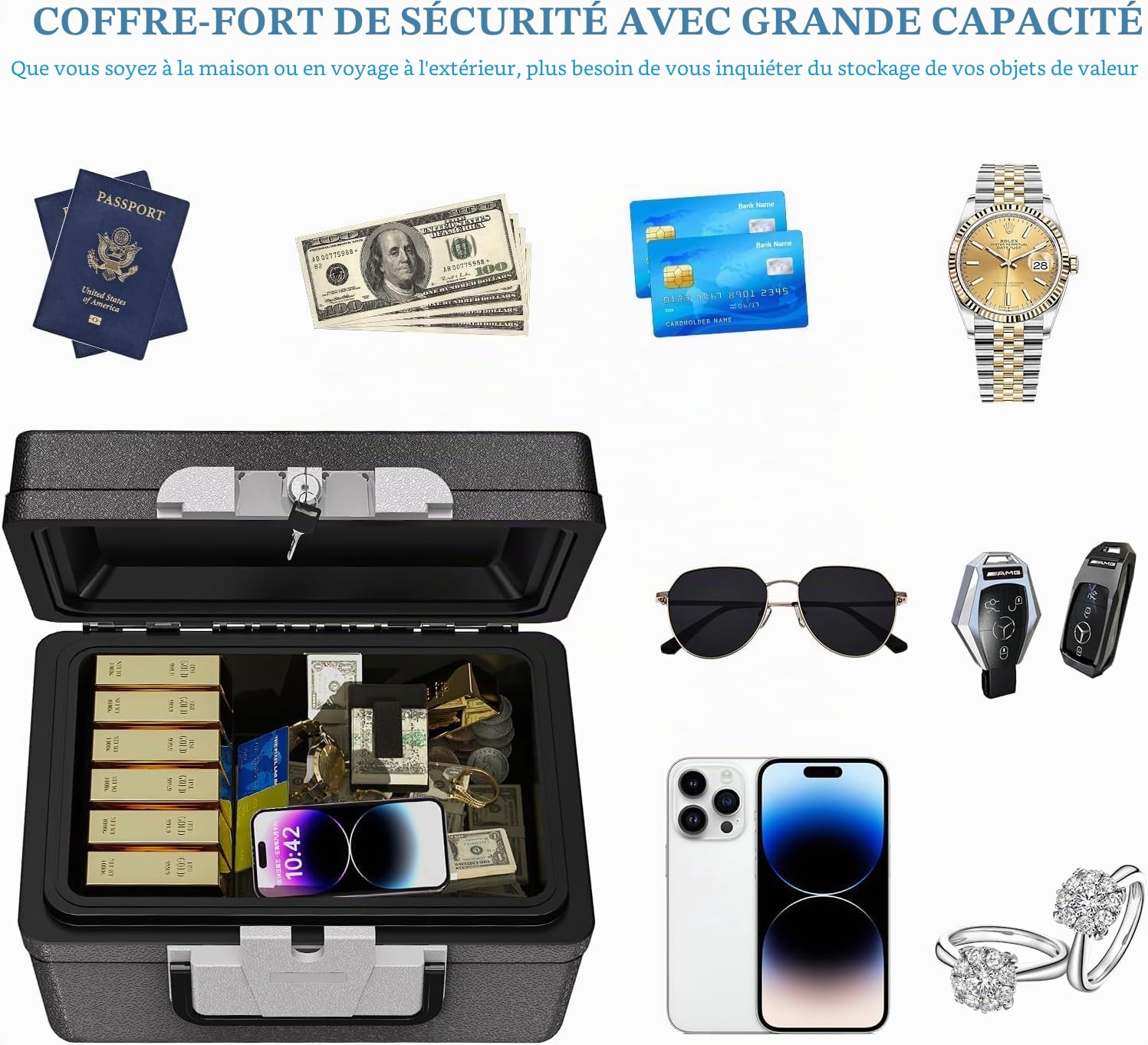 WASJOYE 21L Ignifuge Coffre fort Portable Etanche avec Clé, coffre fort anti feu, Boîte de Sécurité pour Documents Anti feu, Safe Box pour Argent en Espèces Médicaments Bijoux A4 Documents