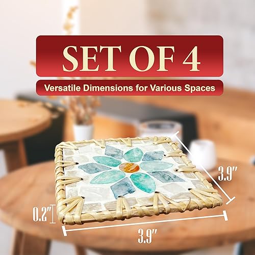 Miniatura 3 de Juego de 4 o 6 posavasos de ratán hechos a mano, bonitos posavasos de cristal para bebidas, posavasos bohemios de madera natural (juego de 4)