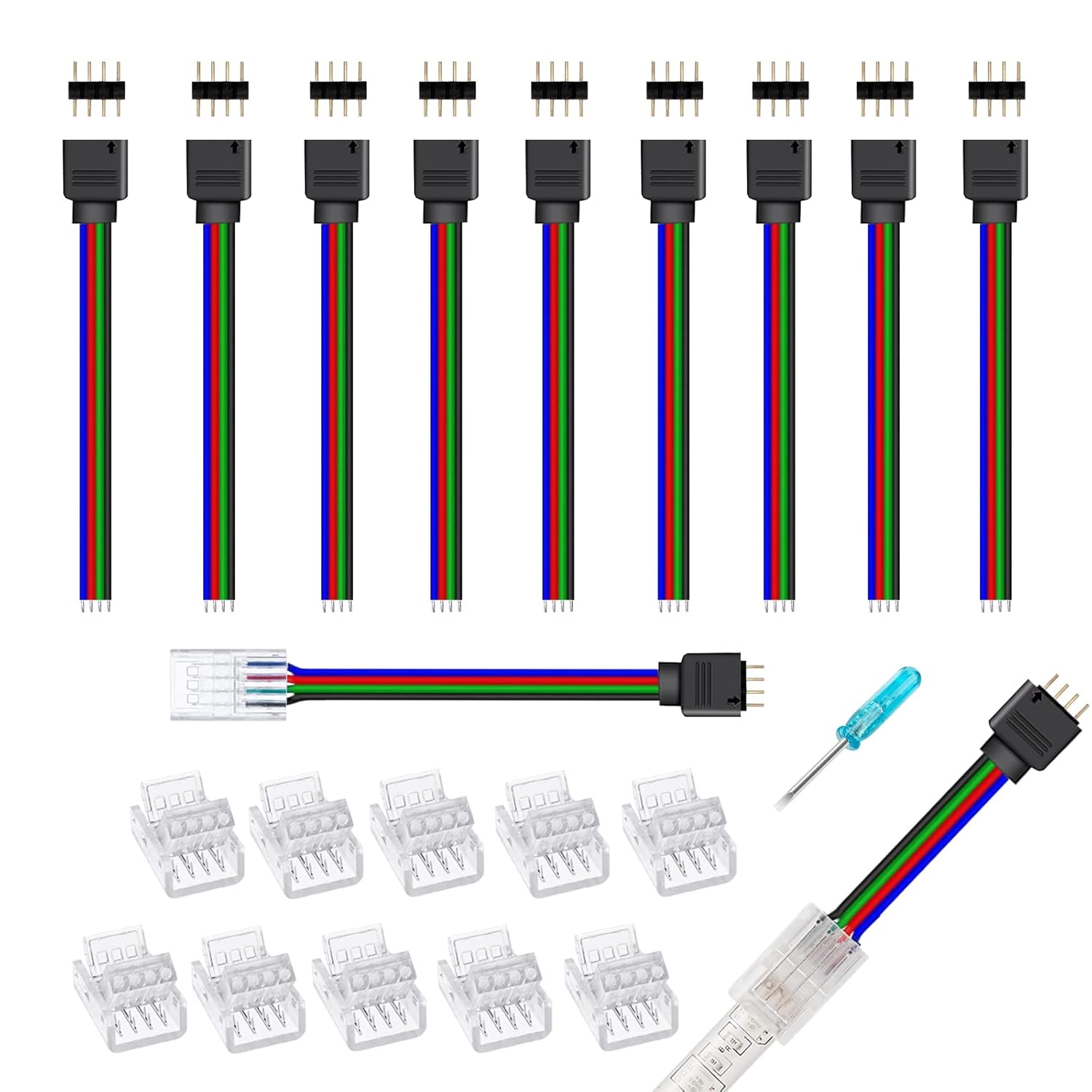 Solderless LED Strip Connectors 4 Pin, 10-Pack RGB Strip to Controller Jumper for 10mm Wide 4-pin 5050 2835 LED Lights 5V/12V/24V