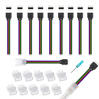 Solderless LED Strip Connectors 4 Pin, 10-Pack RGB Strip to Controller Jumper for 10mm Wide 4-pin 5050 2835 LED Lights 5V/12V/24V