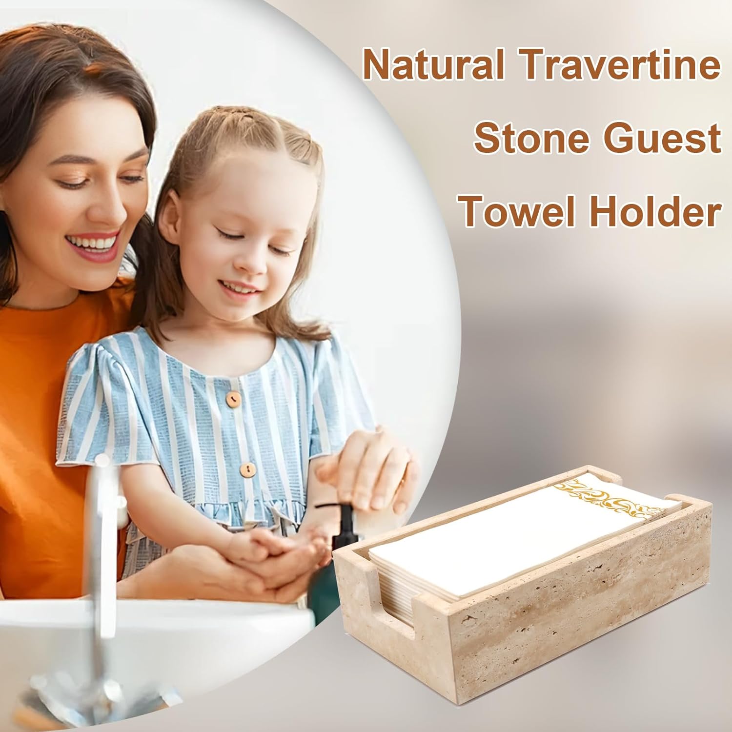 Bathroom Napkin Holder,Natural Travertine Guest Towel Holder,Stone Napkin Holder for Bathroom,Gorgeous Guest Towel Holder Tray for Bathroom Vanity Toilet Kitchen Dining Table, Beige
