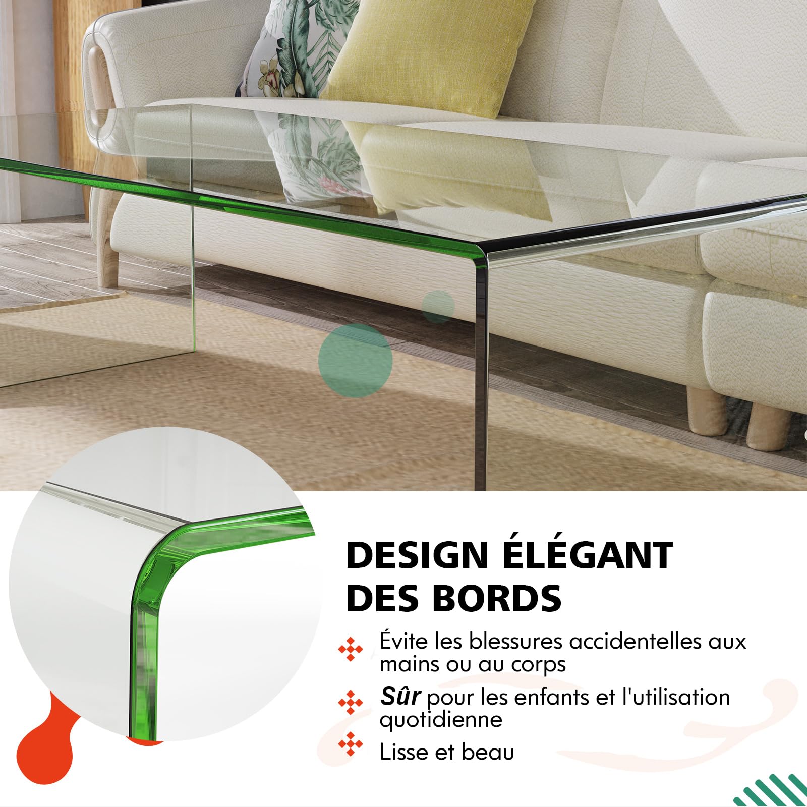 COSTWAY Table Basse/ d’Appoint en Verre Trempé Rectangulaire Forme de U avec Bords Arrondis Lisses, Table Basse Transparente Simple & Moderne pour Salon, Bureau, Hôtel