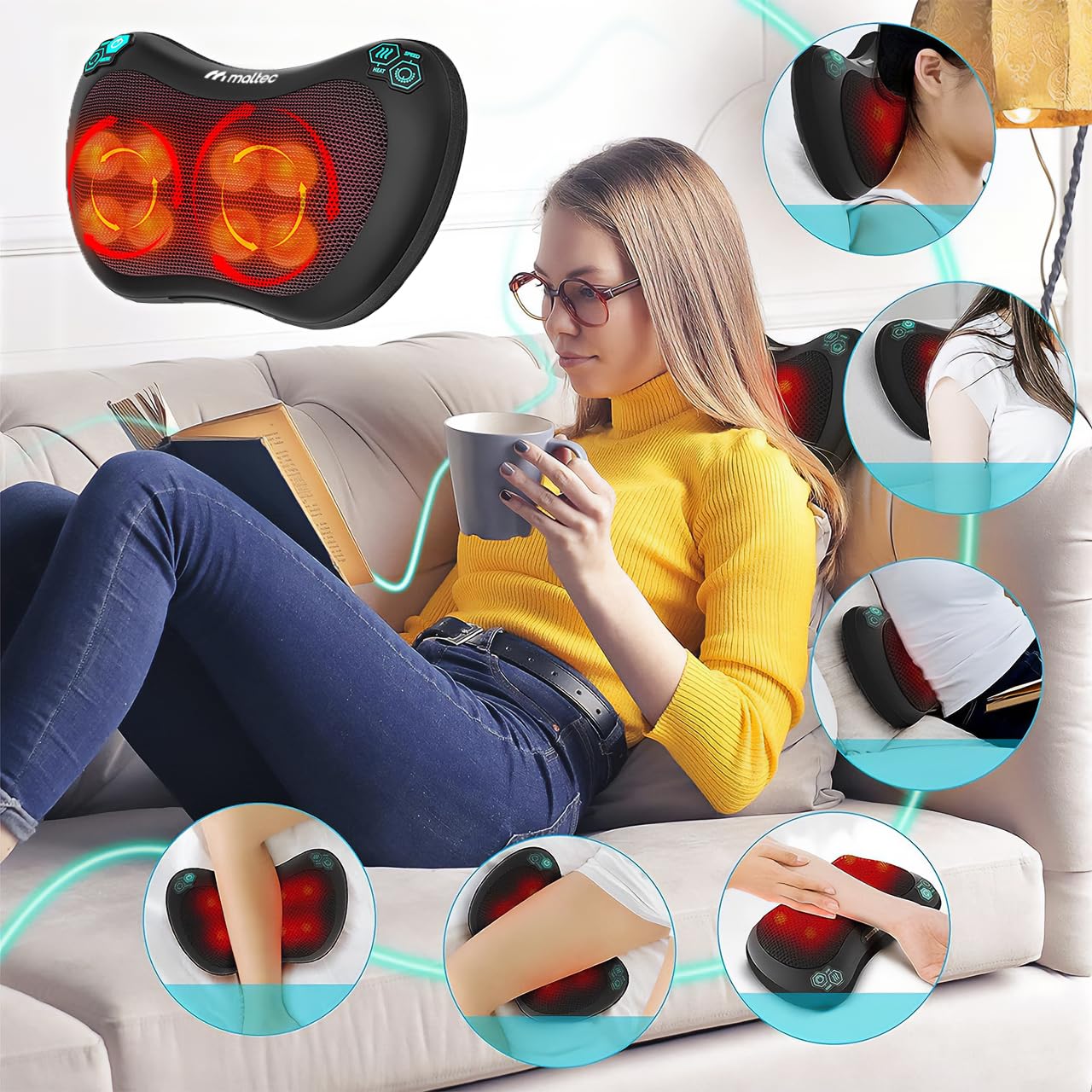 MalTec Shiatsu Massagekissen Rücken, Nacken, Körper wärmende Rückenmassagegerät Massageköpfen für Büro, Auto oder Zuhause