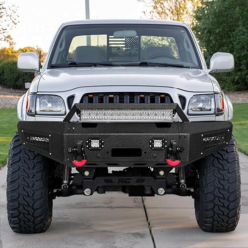 Miniatura 21 de Vijay - Parachoques delantero con textura negra con placa de cabrestante y 5 luces LED y 2 anillos en D de 4.75 T para Tacoma 2005-2015