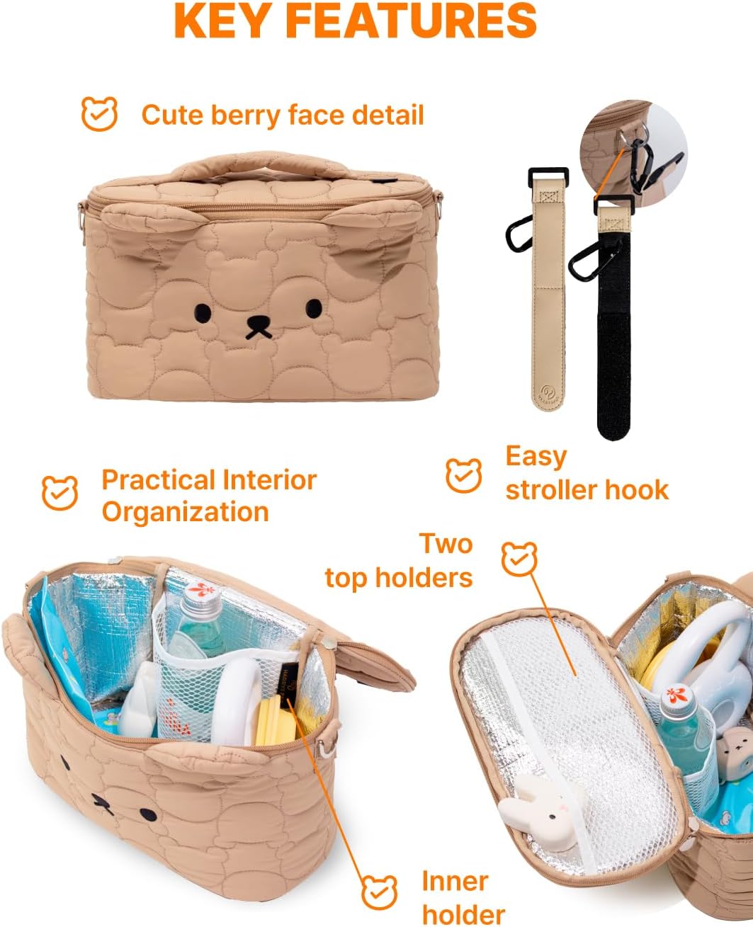 Harryspet Small Cooler Bag - Insulated Stroller Hanging Cooler Bag Made in Korea - Ideal for Snacks, Lunch Box for Pets, for Pet & Kids & Adults - Compact Organizer with Caddy Holder (Ivory)