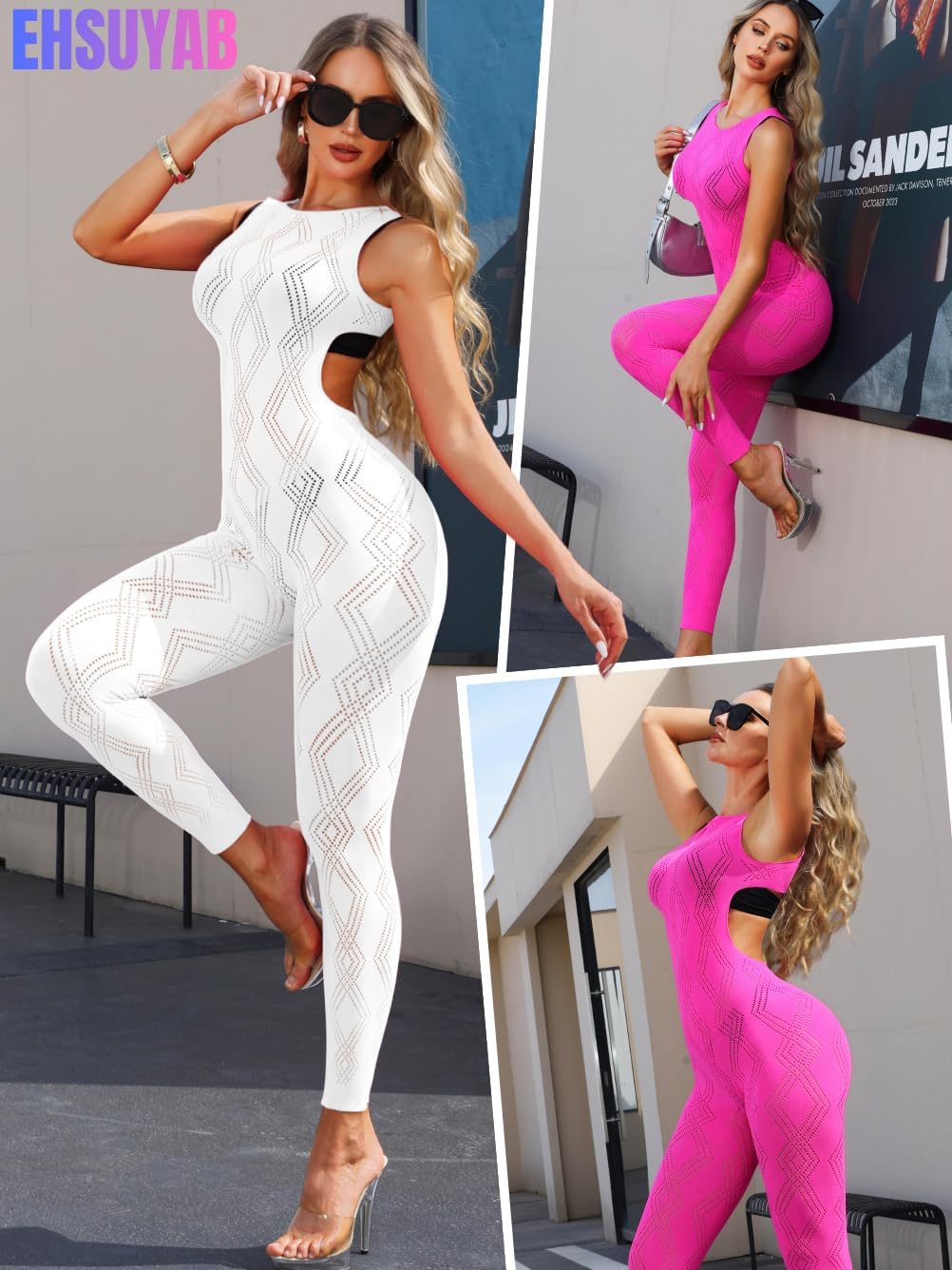 EHSUYAB Women Sexy Jumpsuits Sleevless Backless One Piece Rave Club Outfits | Thick Fishnet Bodysuit, Boat Neck Bodycon Romper, Diamond Hollow Out Lace Catsuit, Going Out Glow Party Music Festival