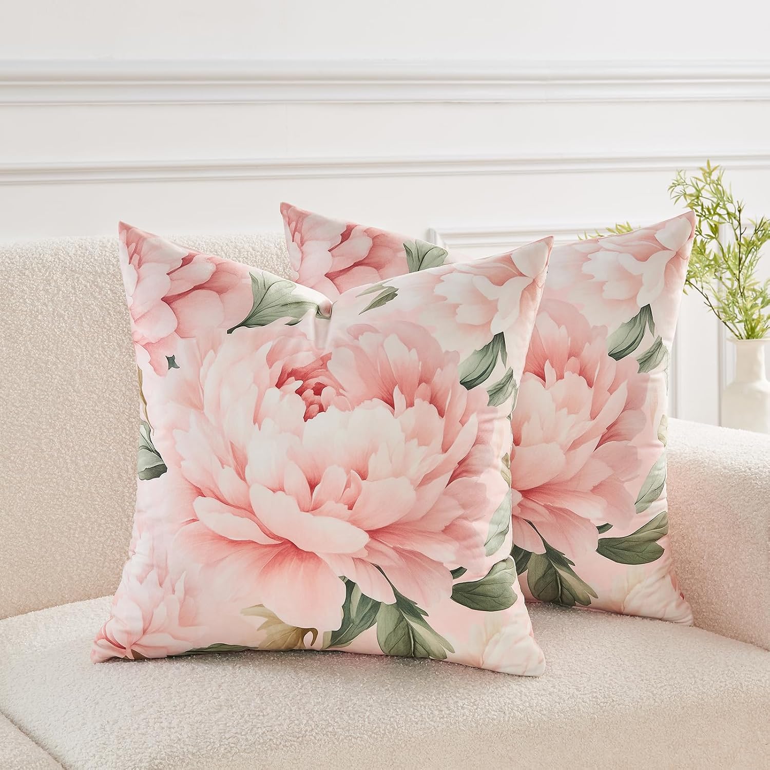 Pink Peony Floral Throw Pillow Covers 20x20 Set of 2, Soft Velvet Decorative Cushion Cases, Shabby Chic Farmhouse Home Decor for Sofa Couch Bed