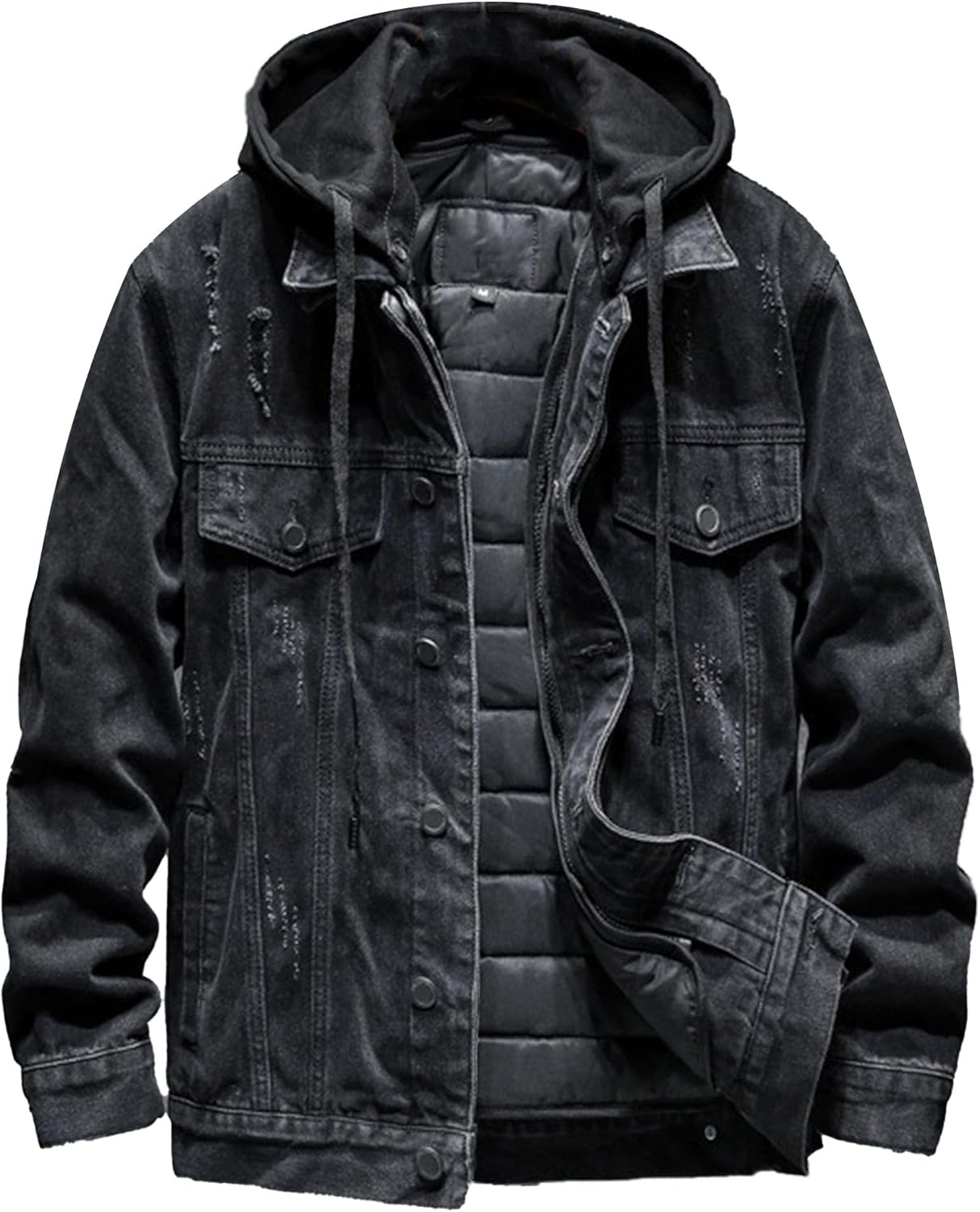 JEKE-DG Men Hoodie Jean Jacket Casual Slim Fit Denim Jacket Casual Long Sleeve Distressed Trucker Outwear with Hood