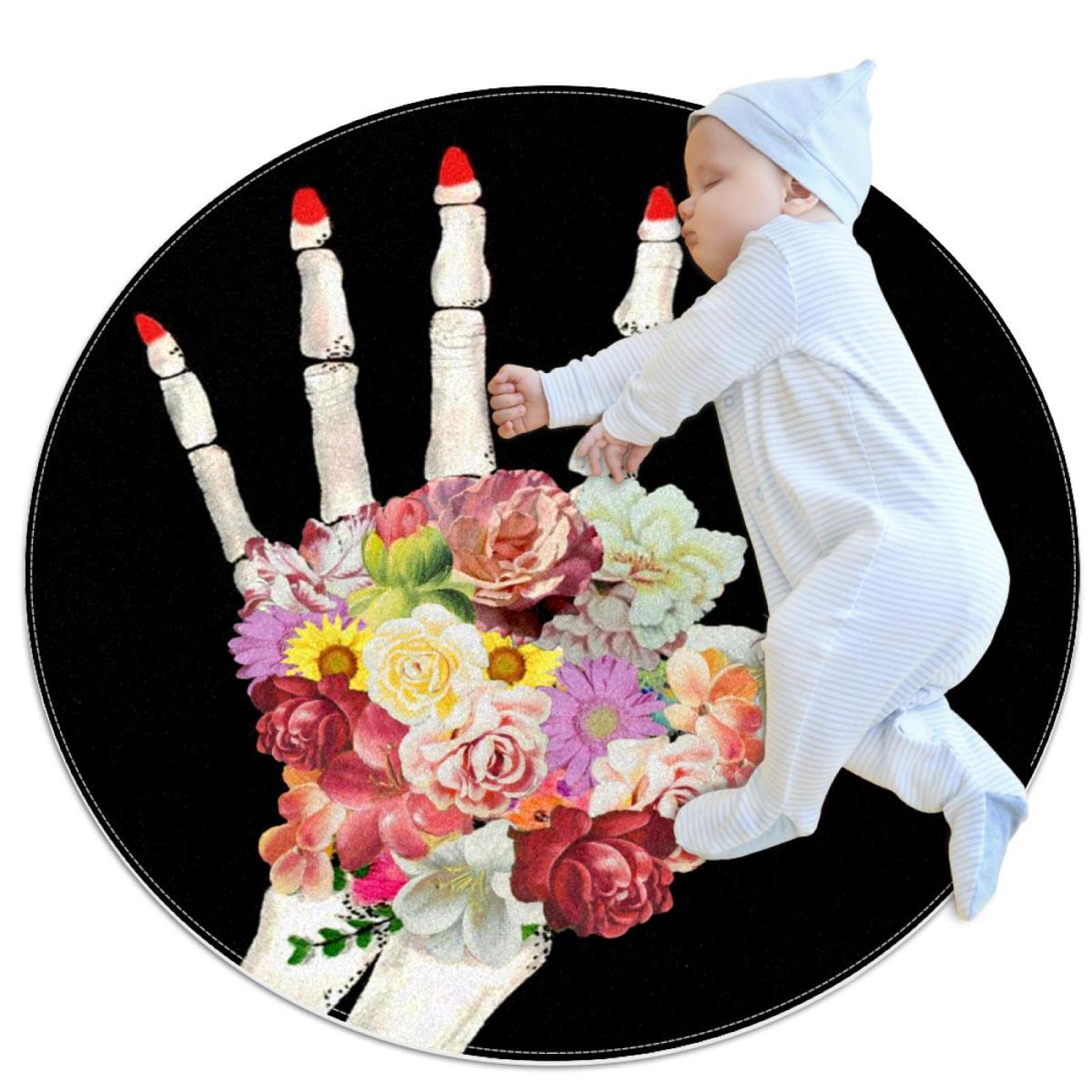 Tapis de salle de bain motif main squelette avec fleurs et papillons 1m