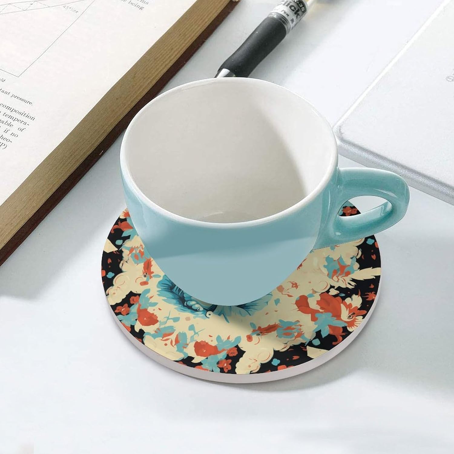 Magician Rabbit Coasters for Drinks Absorbing Round Ceramic Stone Coaster with Cork Base Coffee Cup Beverage Table Cup Mat Modern Style Bar Coaster Set for Home Decor