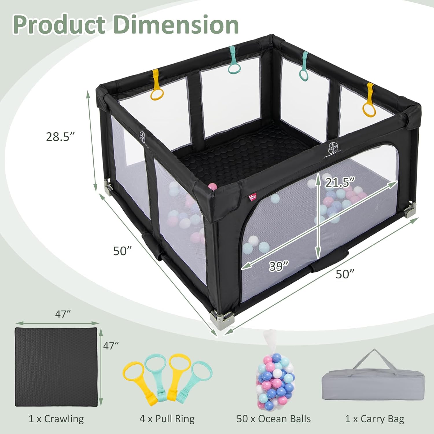 INFANS Foldable Baby Playpen with Mat, 50” x 50” Large Baby Play Yard for Infant with 50 Ocean Balls, 4 Handlers, Carry Bag, Indoor Outdoor Fence Toddler Activity Center (Black, 50” x 50”)