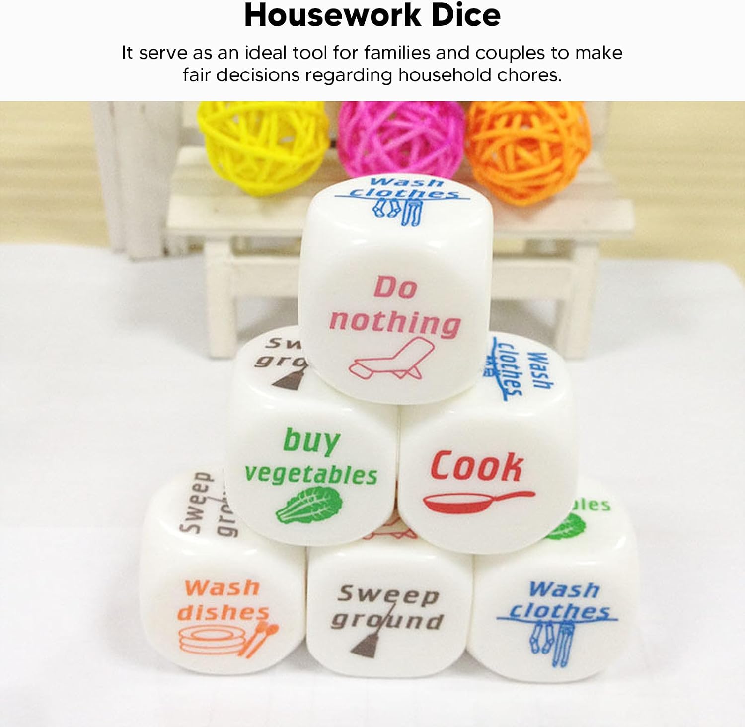 Housework Dice Toy Role Playing Fun Decision Making Game for Couples Families 12pcs 20mm Acrylic Colorful Chore Dice image 2