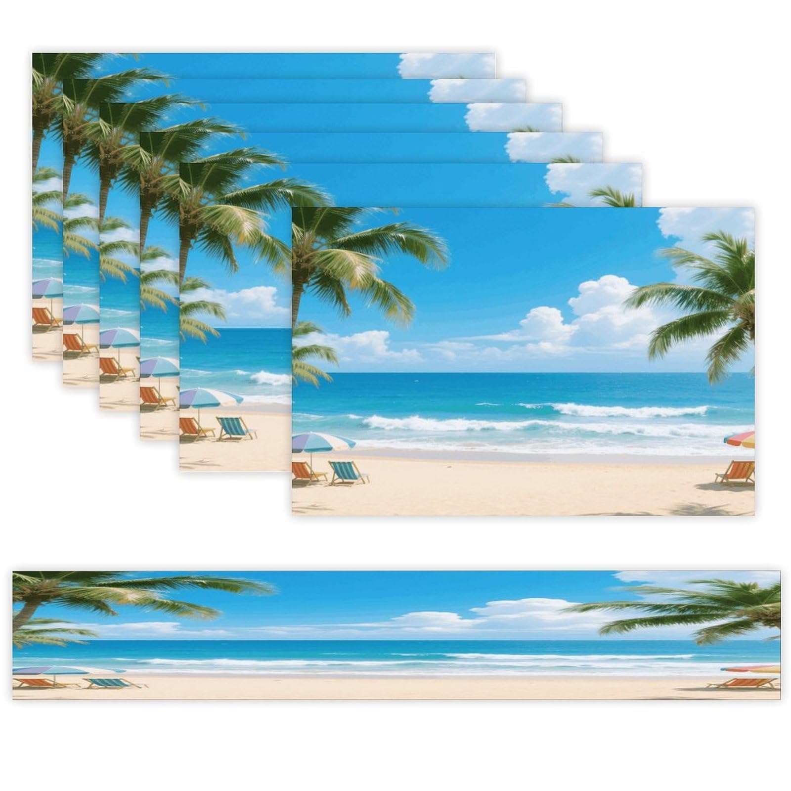 Sea Table Runner and Placemats Set of 7 Linen Table Mat Non-Slip Place Mats Washable Placemat Heat Resistant Place Mat with Table Runner for Party Dining Decor