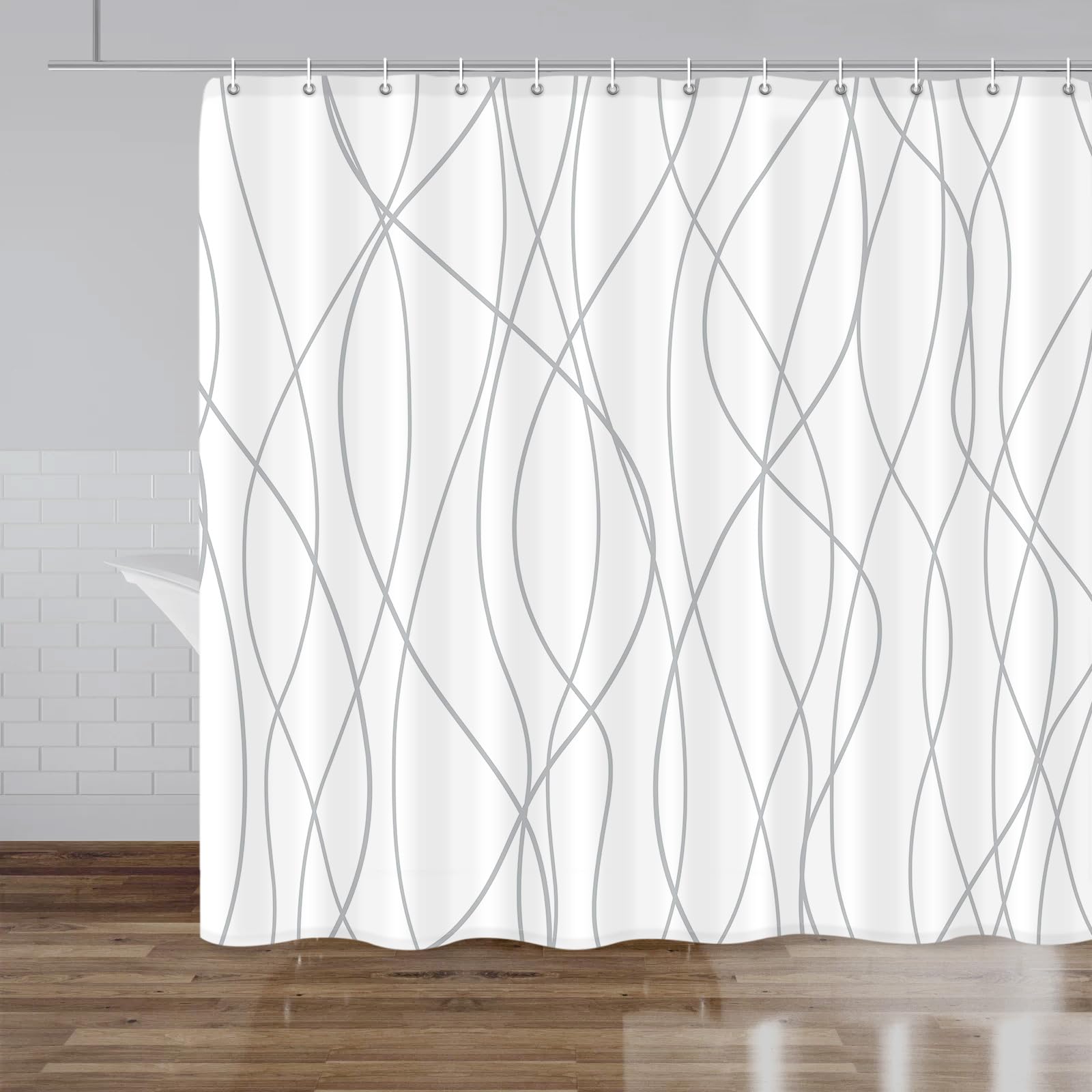 Punkray Grey and White Striped Polyester Shower Curtain for Bathroom with Hooks, Shower Curtains for Bathroom Decor, Waterproof Bath Accessories Hotel