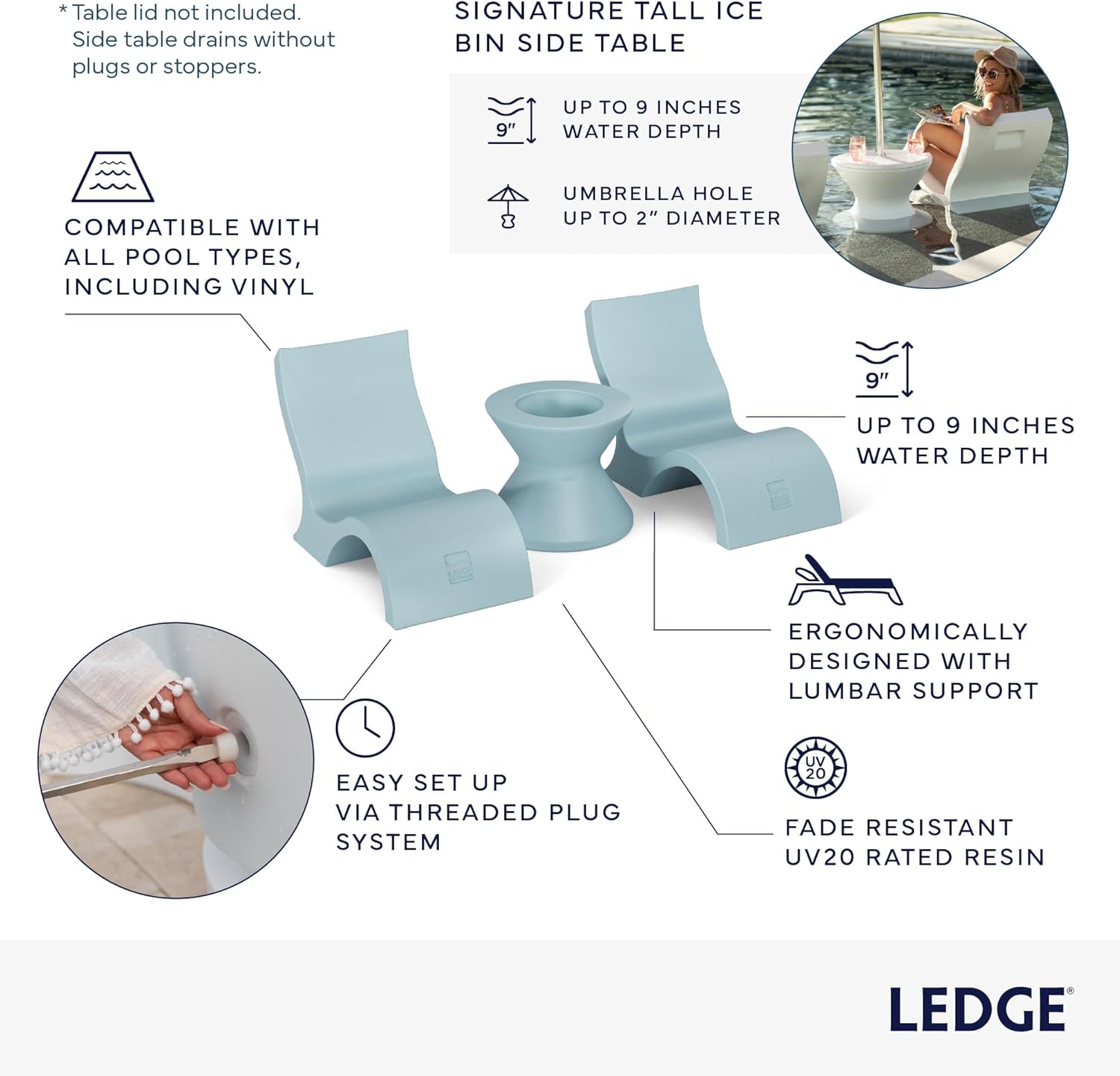 Ledge Lounger Signature Lowback Chair Set - Two Chairs - Ice Bin Side Table - in-Pool - On-Deck - Water Depths 0-9” - All Types - Resin Water Chairs - Pool, Sundeck, Outdoor Patio
