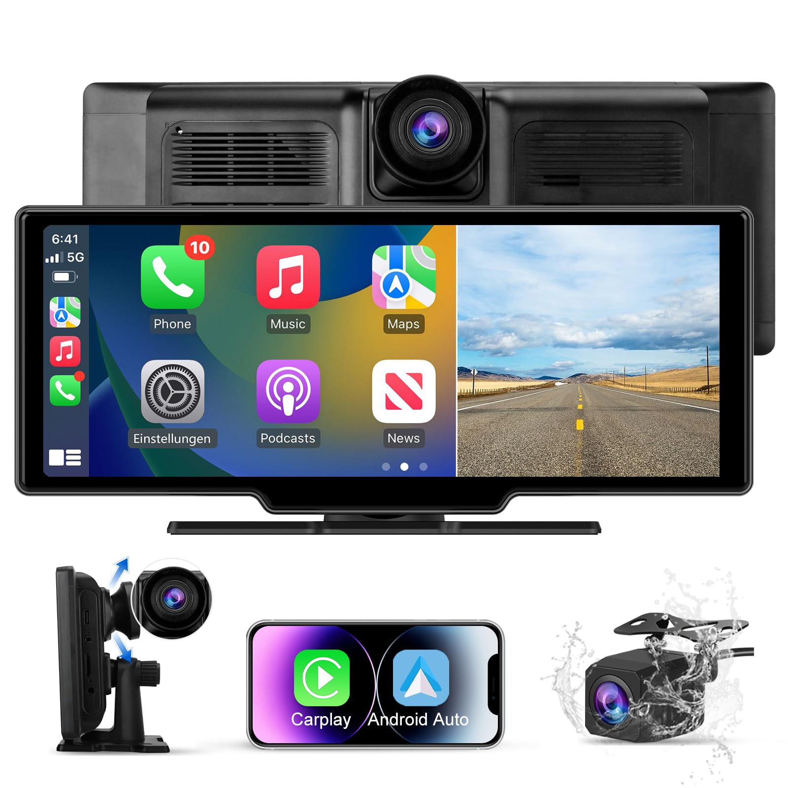 AWESAFE Écran Carplay Voiture & Android Auto,10,26” avec Dashcam Avant 4K, Caméra Arrière 1080P Inclus, Commande Vocale, BT/GPS/FM/AUX