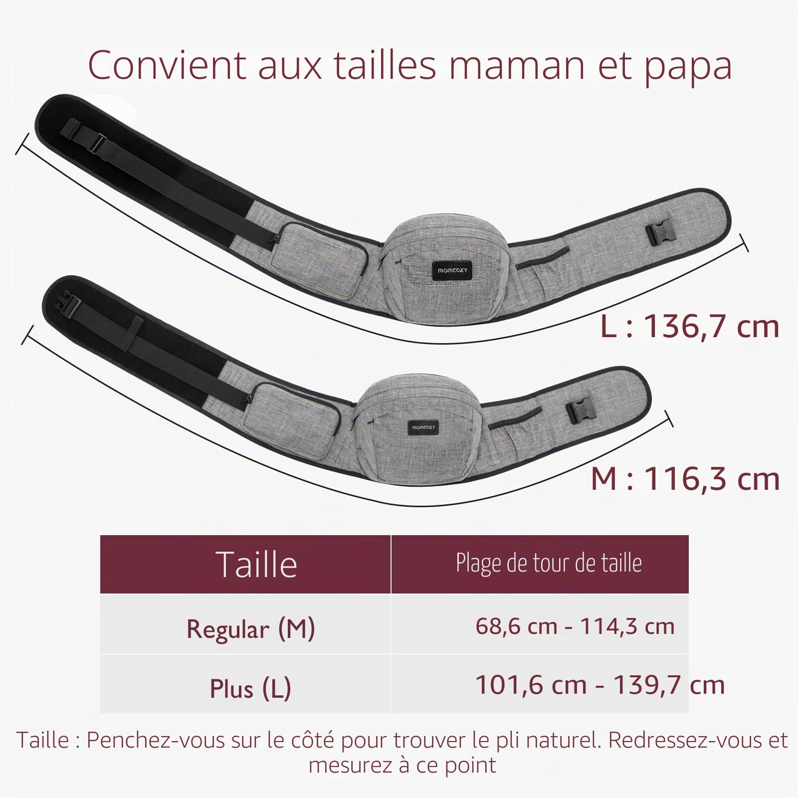 Momcozy Hip Seat Porte-bébé – Ceinture réglable avec protection ventrale 3D d'origine, porte-bébé ergonomique avec diverses poches, pour nouveau-nés et tout-petits jusqu'à 20,4 kg (gris, taille M)