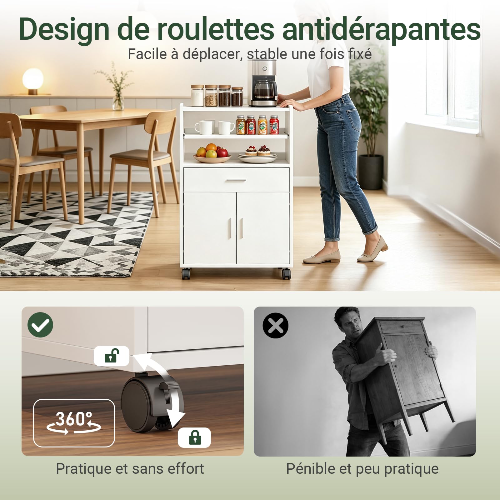 SoBuy Chariot de Cuisine sur roulettes avec Plan de Travail Extensible Meuble de Rangement pour Micro-Ondes Meuble Cuisine Blanc 92×59×40 cm Idéal pour, Bureau ou Salle à Manger FSB09-W
