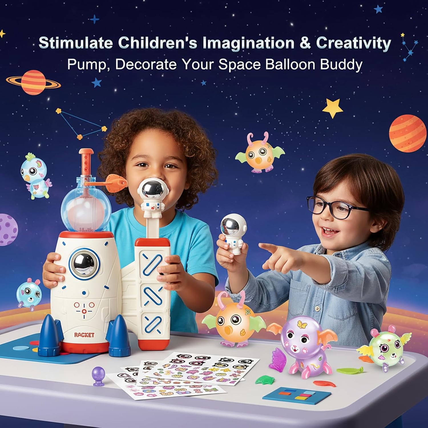 219pcs Space Magic DIY Balloon Kit with Pump, Sticky Balloon Maker Craft, Includes Bouncy Balloons, Stickers & Accessories, DIY Creative Activity Gift for Girls Boys Ages 3+