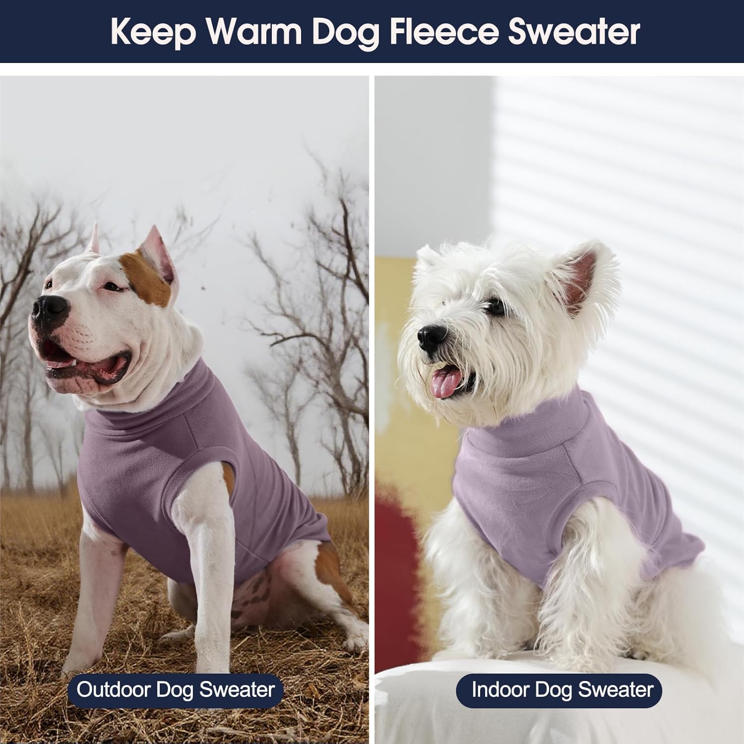 IECOii 2 Pack Large Dog Sweater Fleece - Stretchy & Comfortable, Warm & Soft Dogs Sweaters for Large Dogs Boy Girl, Pet Coats for Daily Wear, Holiday (Size XXL,Dark Purple & Light Purple)