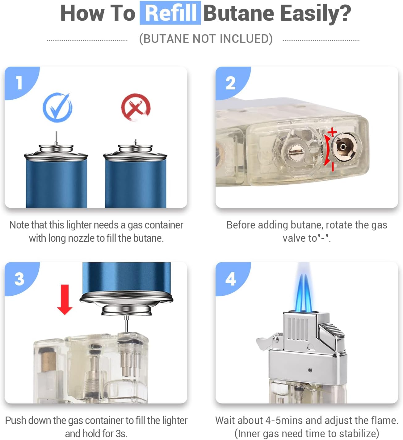 Coldown Butane Lighter Insert, Windproof Gas Lighter with Dual Torch Jet Flame Adjustable and Fuel Refillable, Unique Gifts for Men (Fuel No Included)