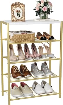 HOMEFORT 5-Tier Shoe Rack, Shoe Storage Shelf, Industrial Shoe Tower, Narrow Shoe Organizer for Closet Entryway, Small Shoe Rack Table with Durable Metal Shelves, Gold