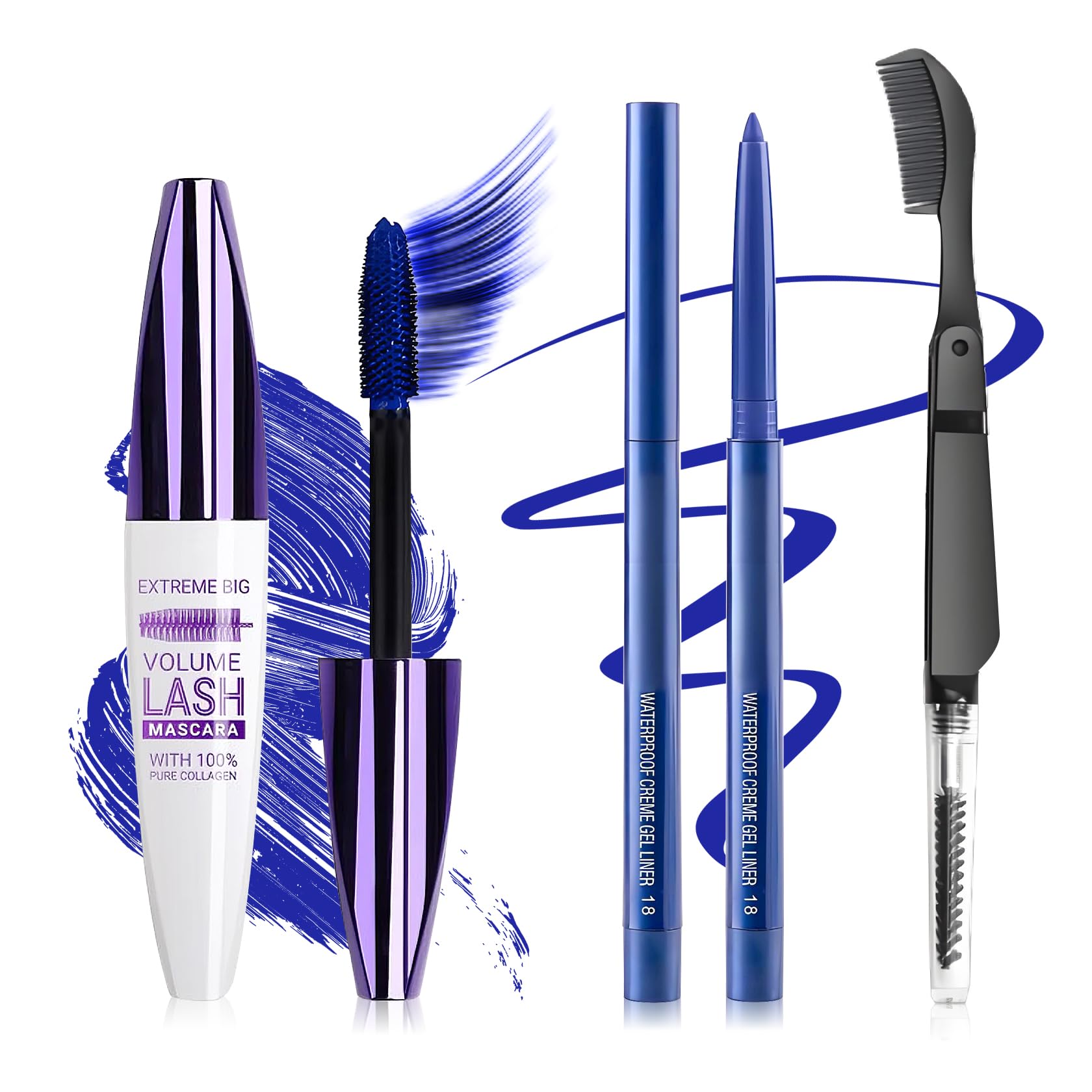 Blue Mascara and Eyeliner Set,5D Colored Mascara Volume and Length Blue Mascara + Shine Blue Eyeliner