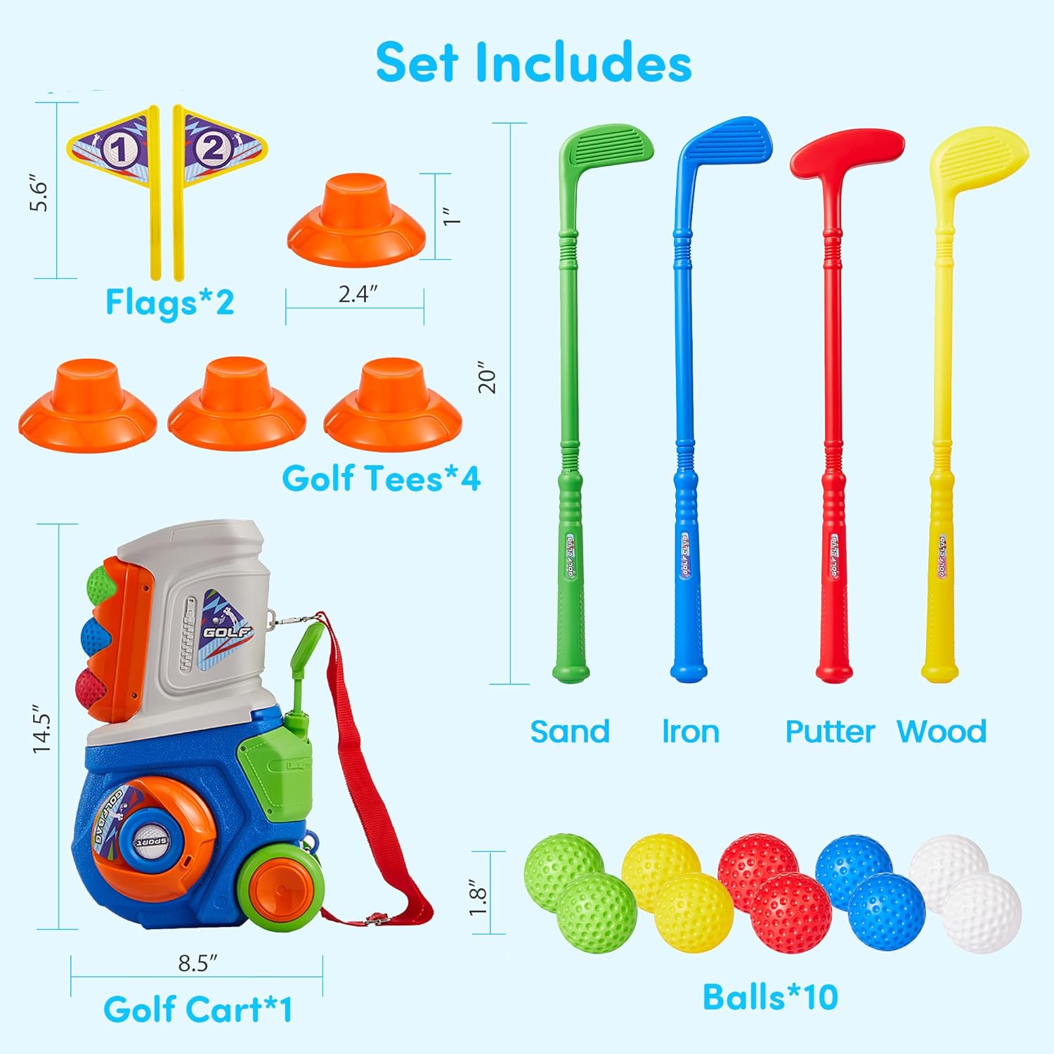 PJG Toddler Golf Set, Plastic Kids Golf Clubs Ages 1 2 3 4 5 Years Old with 4 Golf Clubs and 10 Balls, Indoor and Outdoor Toddler Golf Toys with Cart for Boys and Girls Birthday (Blue) - Image 6