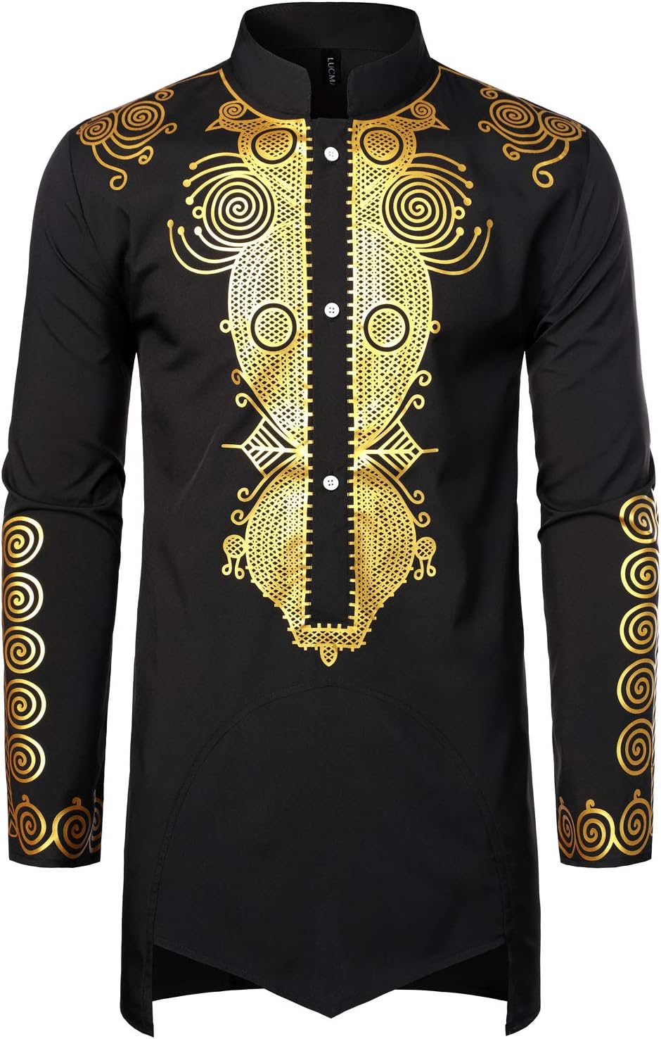 LucMatton Men's Traditional African Dashiki Tunic Long Sleeve Shirt with Metallic Foil Stamping and Mandarin Collar
