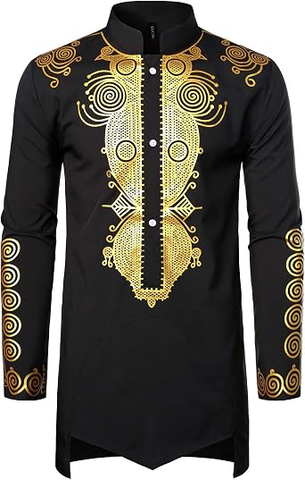 LucMatton Mens African Attire Dashiki Long Sleeve Shirt | Traditional Tunic, Foil Stamping, Mandarin Collar, Festival, Mid Long