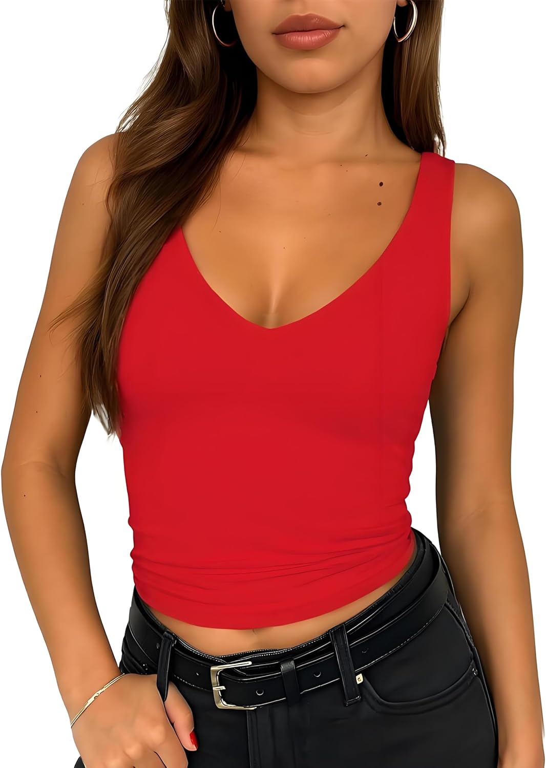 ForeFair Women's Sleevelsee V Neck Crop Tank Top Summer Double Layer Going Out Workout Casual Basic Tops