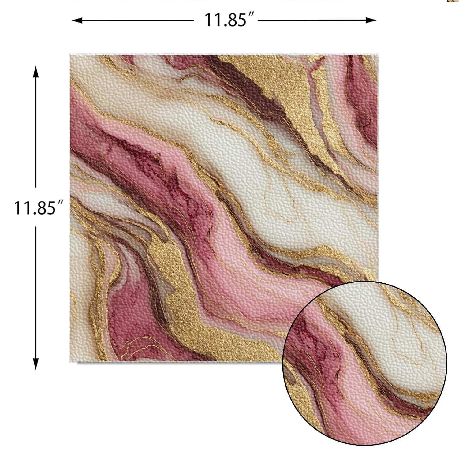 10pcs Peel and Stick Floor Tiles 12x12 Inch Pink Marble Gold Vein Pattern Vinyl Flooring Self Adhesive Luxury Square Planks for Kitchen Bathroom Bedroom Living Room Home Renovation DIY Decor
