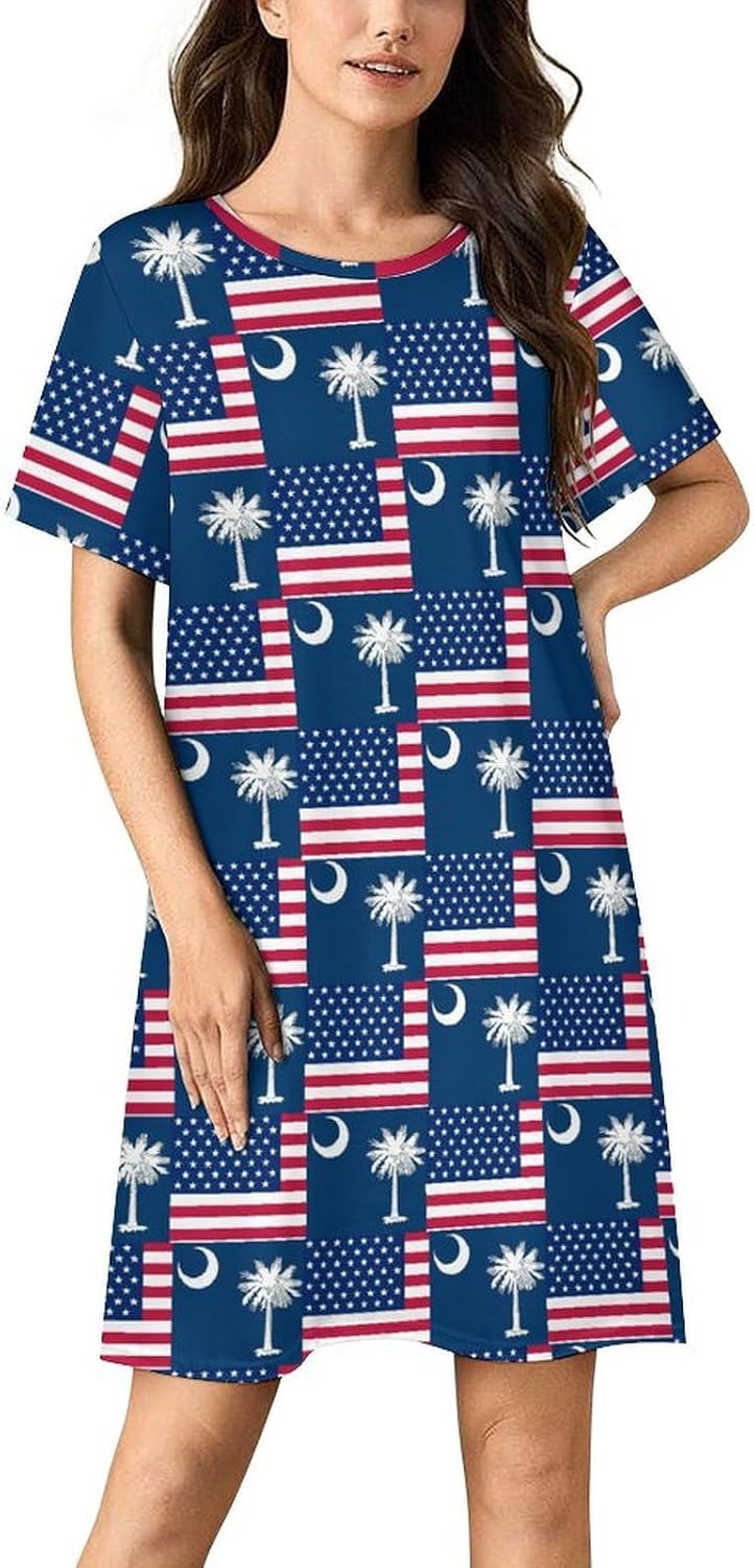 Flag of Usa And South Carolina Nightgowns for Women Short Sleeve Sleep Dress Casual Sleepshirt Night Gowns Pajamas