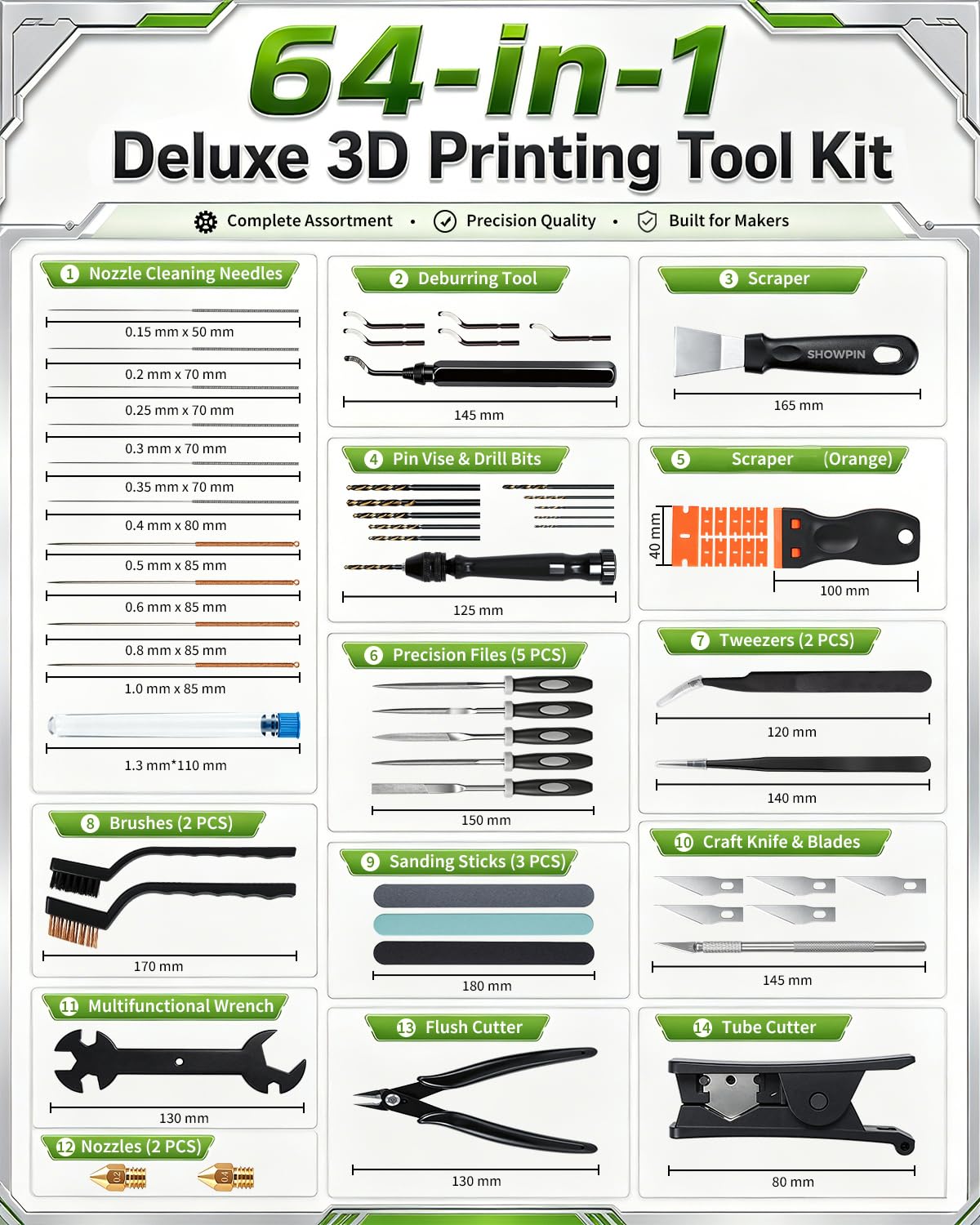 SHOWPIN 3D Printer Tool Kit: 64PCS 3D Printing Tools & Accessories Starter Kit for Cleaning & Finishing Prints, Deburring Tool, Hand Drill, Tube Cutter & Sanding Tools – Gift for Hobbyists | Support removal, edge cleanup & surface smoothing
