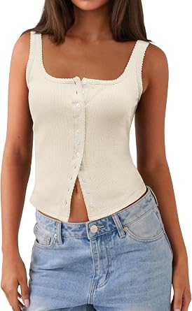 LUXVEER Womens Button Down Sexy Camisole Crop Tank Tops Scoop Neck Slim Shirts 2026 Summer Trendy Casual Work Outfits