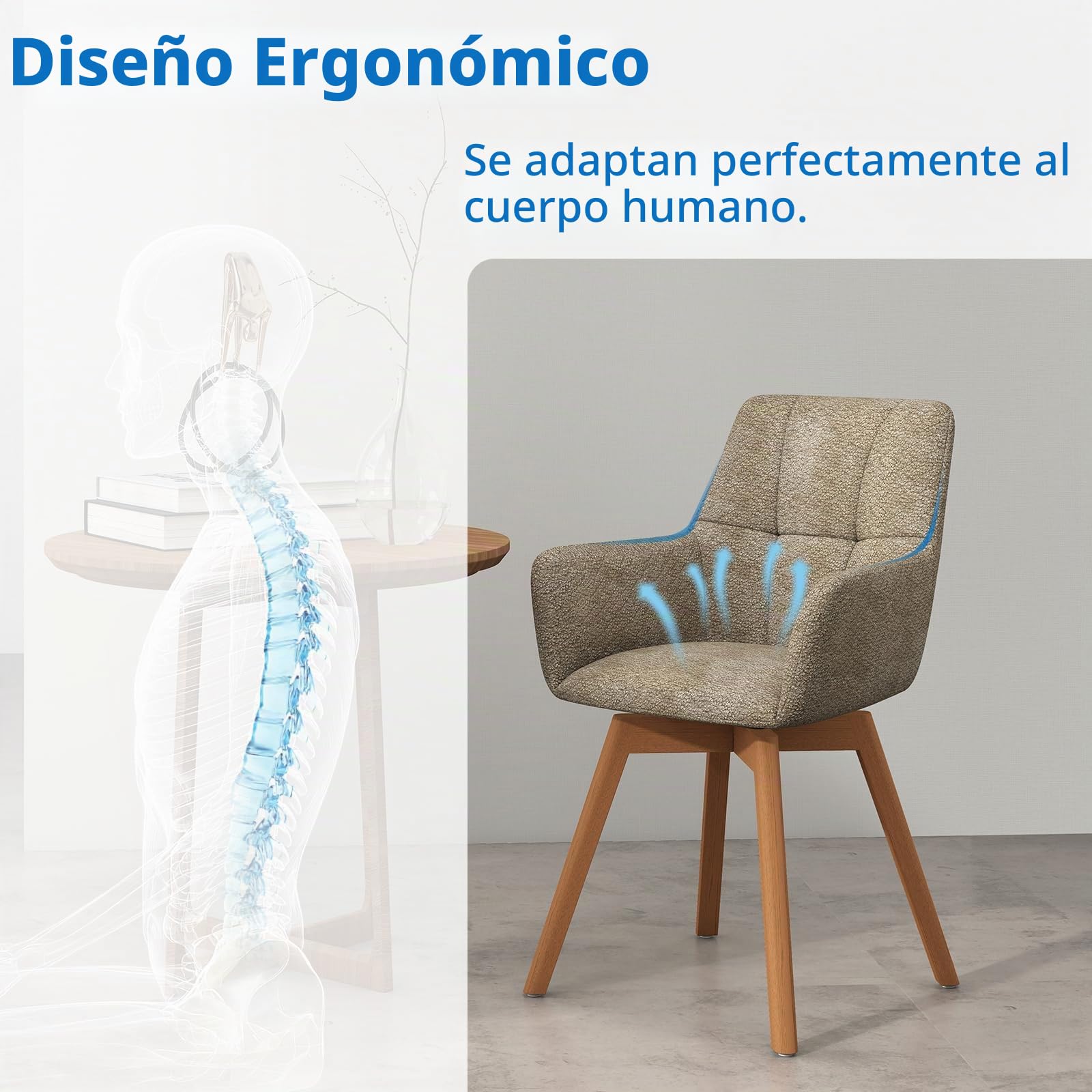 LEWE Sillas de Comedor Giratorias Juego de 6, Reposabrazos, Patas de Madera | Silla Giratoria de 360°, Silla Tapizada con Respaldo Ergonómico de Tela, para Comedor, Cocina, Salón , Marrón