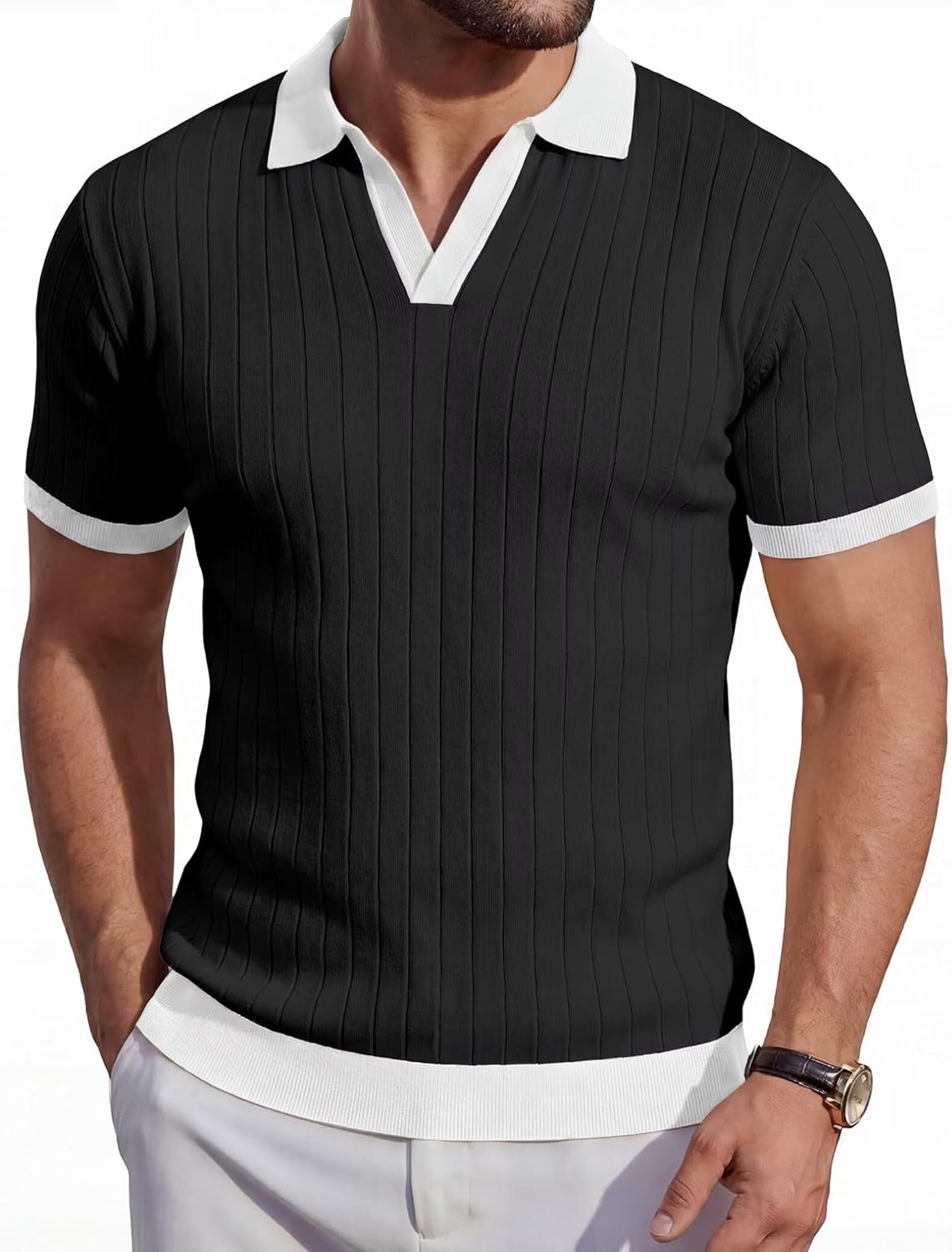 Mens Knit Polo Shirts Short Sleeve Slim Fit Casual Textured Golf Shirt Lightweight T Shirts with Contrast Collar