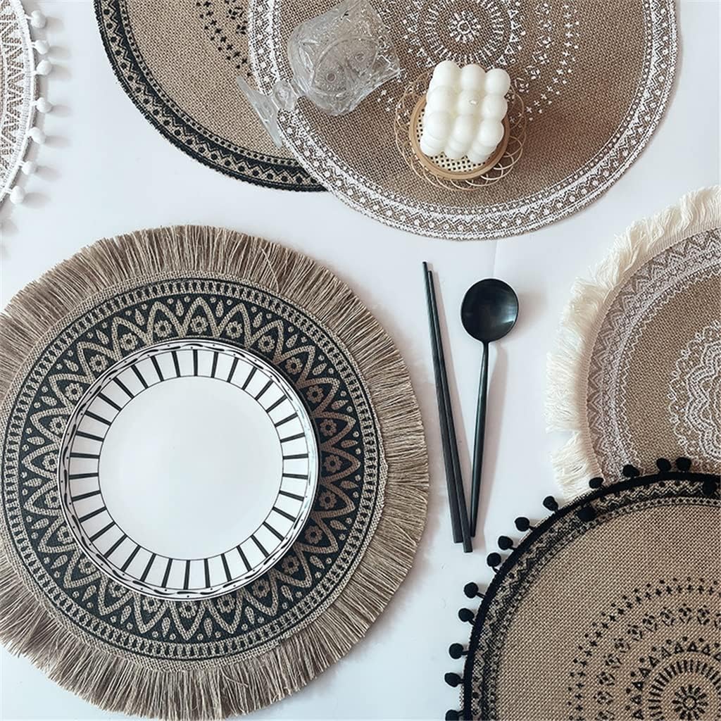 4 Pcs Round Placemat Multifunction Heat Insulation Linen Table Mat Tassels Kitchen Decoration Dinning Placemat 38cm (Color : C) (F)