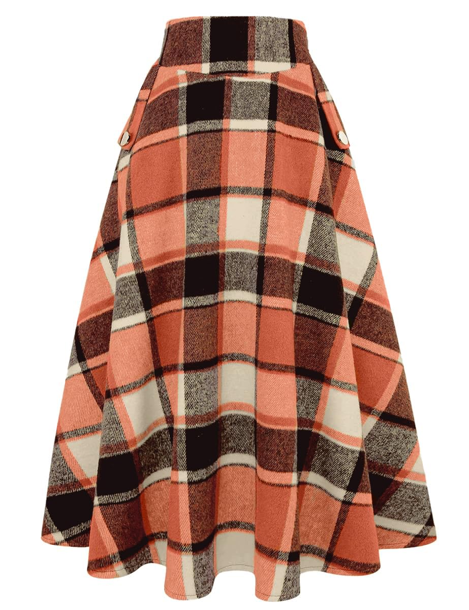 IDEALSANXUN Women’s Fall Winter High Waisted Wool Plaid A-line Long Skirt