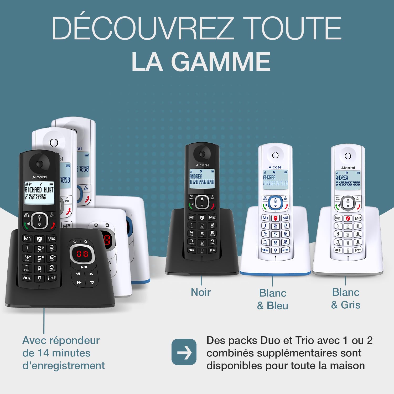 ALCATEL F530 Duo Téléphone Fixe Sans Fil DECT Grand Écran Rétroéclairé Mains Libres 2 Combinés Blanc/Bleu