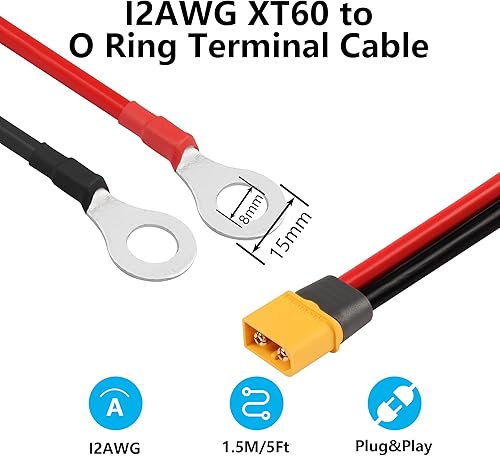 Miniatura 3 de SinLoon XT60 - Cable de terminal de anillo tórico 12AWG 59 pulgadas XT60H macho a junta tórica, cable conector para aviones RC, juguete, autos,