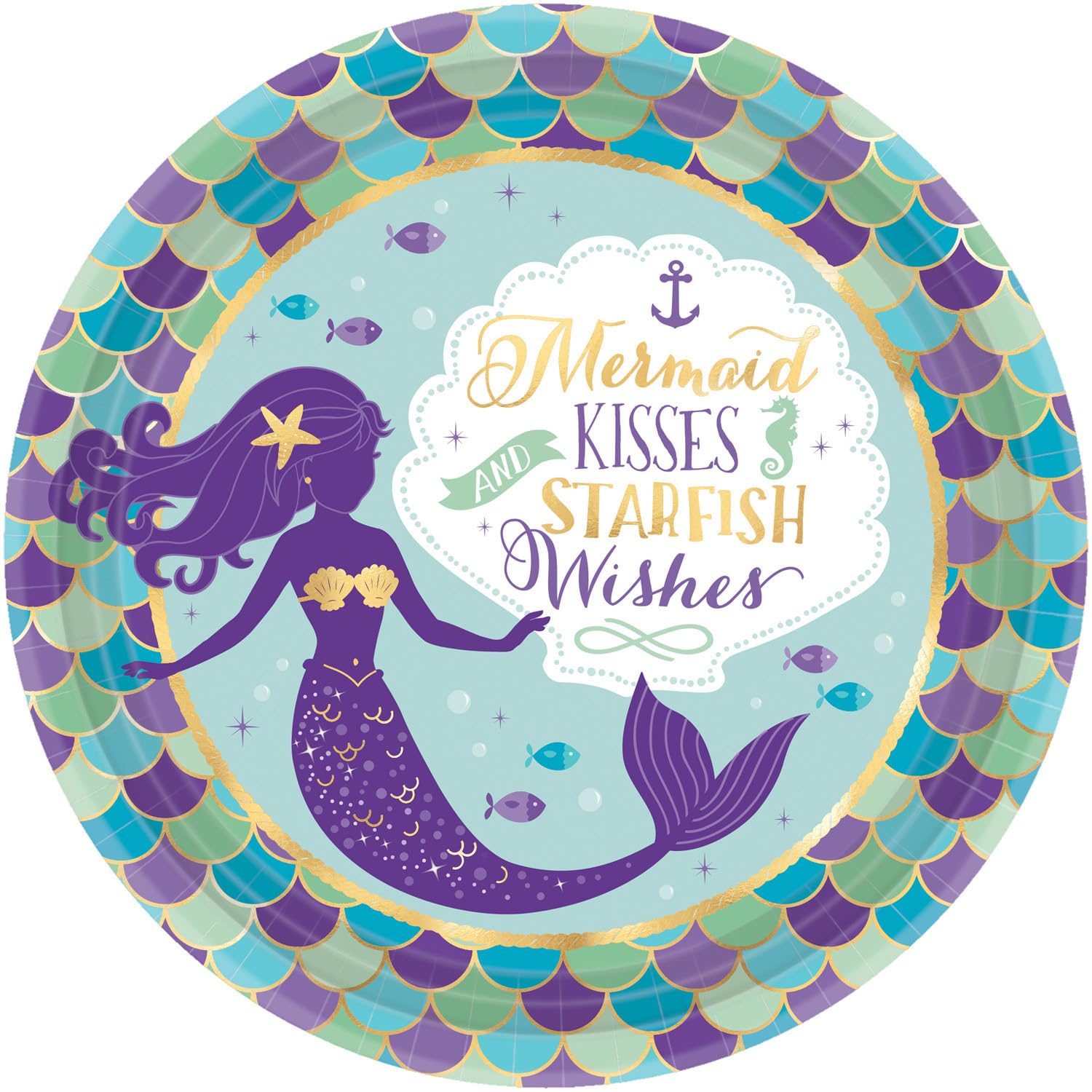 amscan Mermaid Wishes 551975-66 8 Plates Round Paper 23 cm