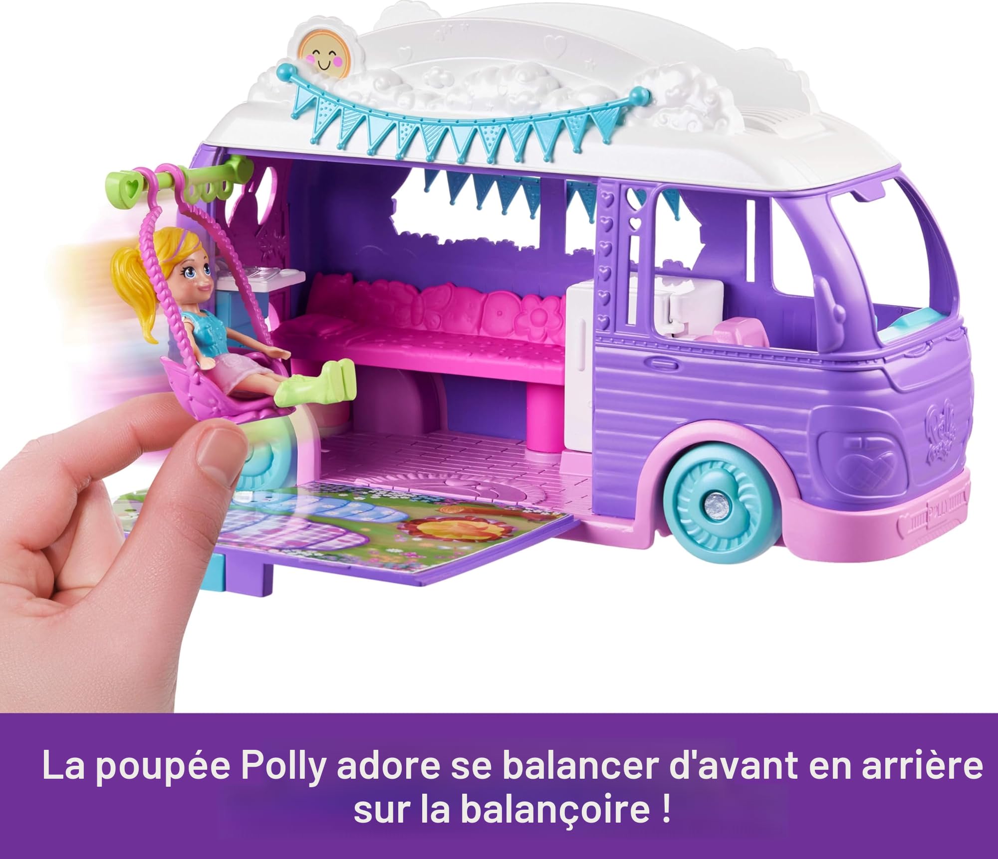 Polly Pocket Ensemble de Jeu pour poupée et Animal de Compagnie, Jouet de Voyage avec Accessoires de Camping et de Nourriture, Camping-Car Glamping