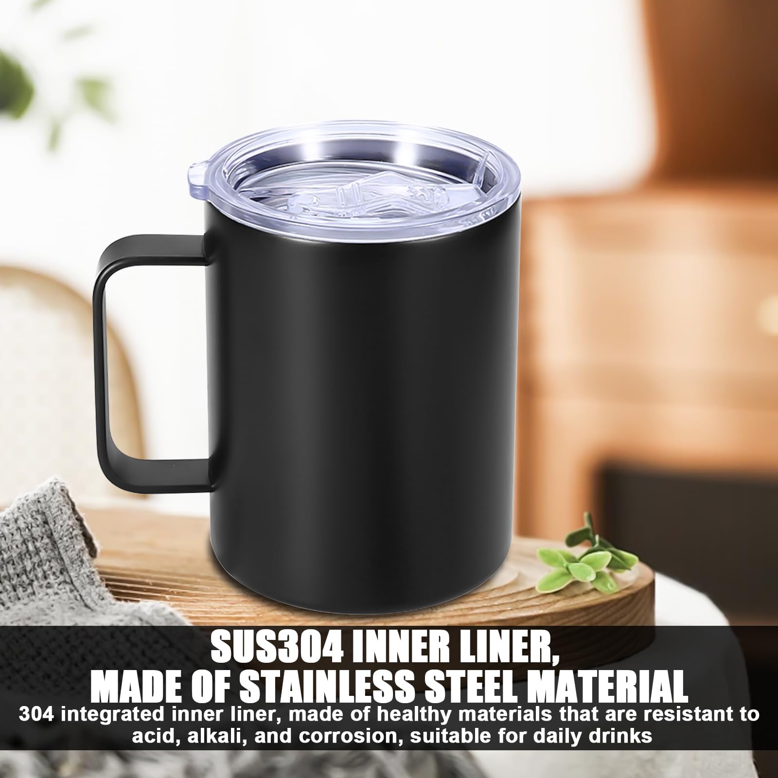 Set di 2 tazze termiche in acciaio inox, 350 ml: tazze da caffè isolate a doppia parete con manico, senza BPA, infrangibili, per campeggio, attività all'aperto, ufficio e viaggi (nero)