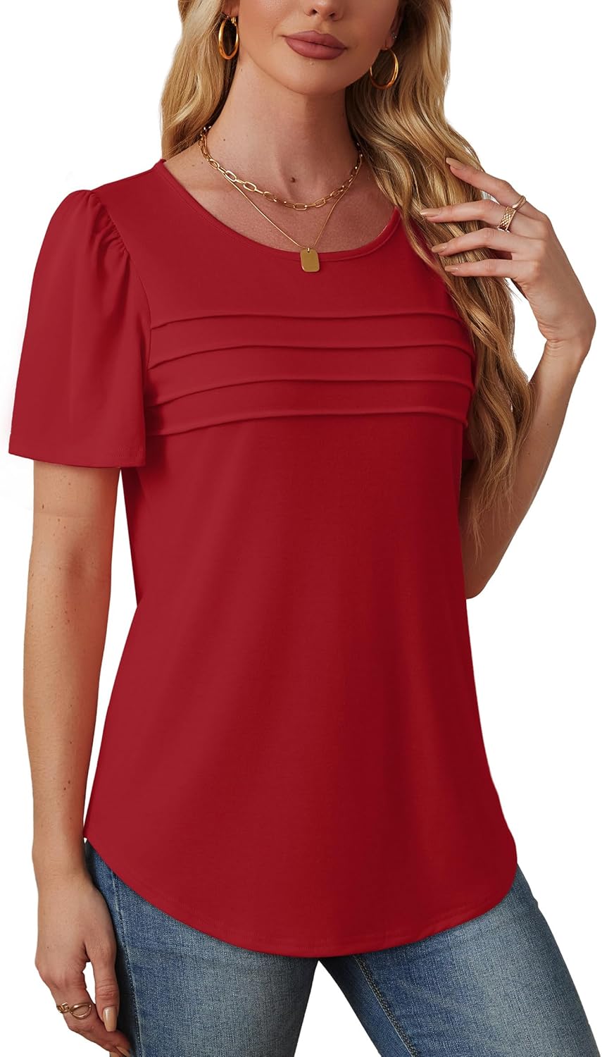 OFEEFAN Womens T Shirts Short Sleeve Tops Dressy Casual Blouses Spring Summer Outfits Flowy Pleated Front Scooped Neck - Image 4